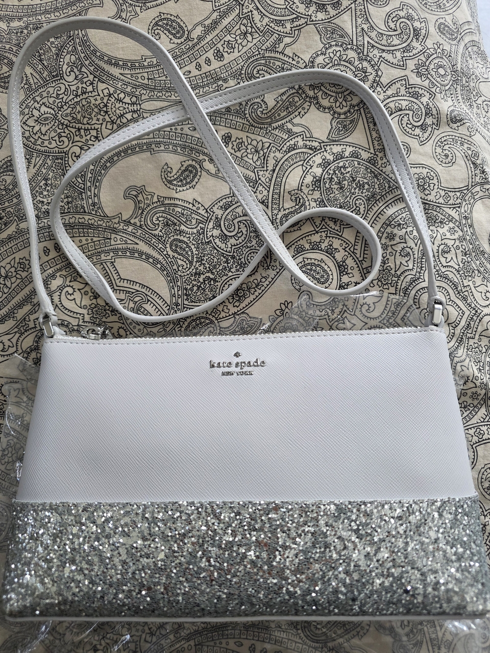 kate spade White and Silver Glitter Crossbody